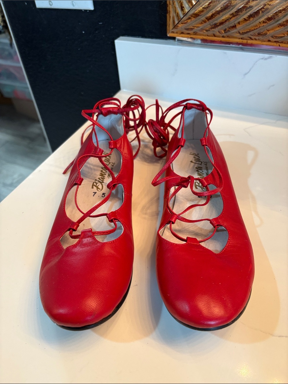 Pinup Rockabilly Red Lace‑Up Ballet Flats